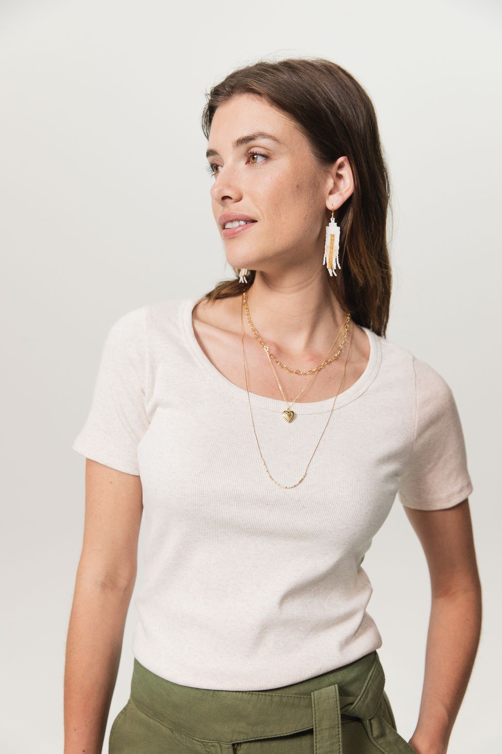 Beige basic stretch rib t-shirt