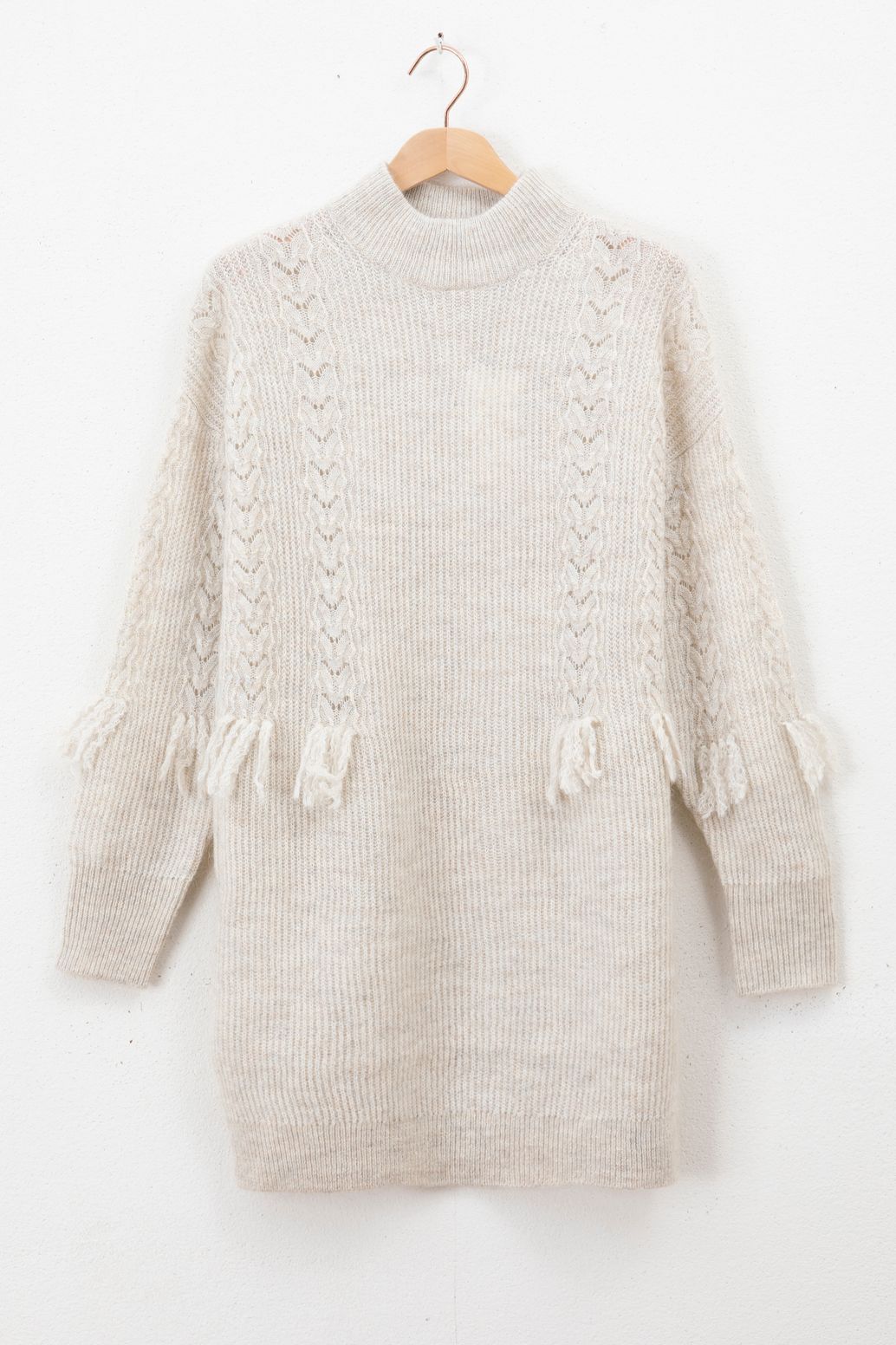 Strick-Tunika mit Fransen - beige
