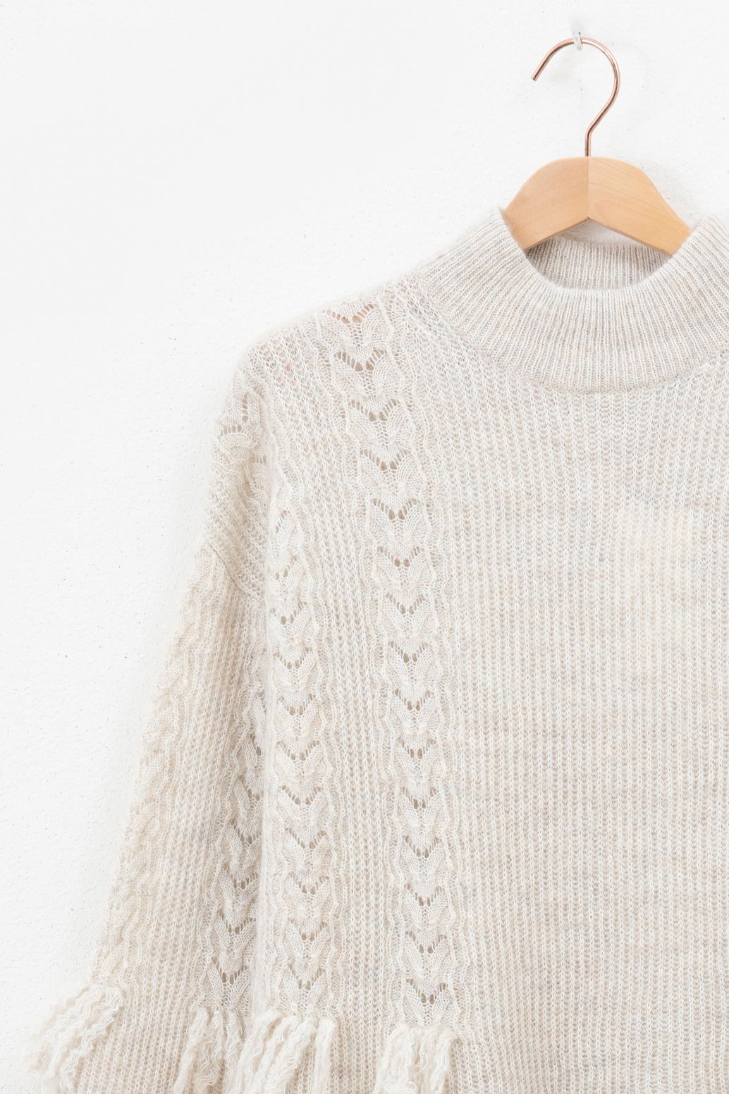 Strick-Tunika mit Fransen - beige