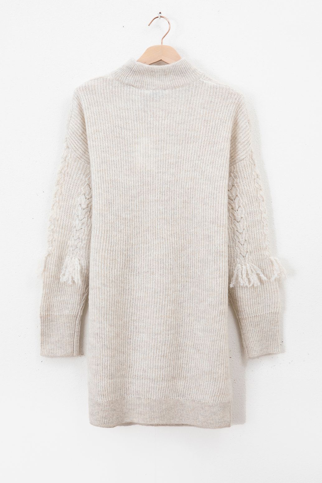 Strick-Tunika mit Fransen - beige