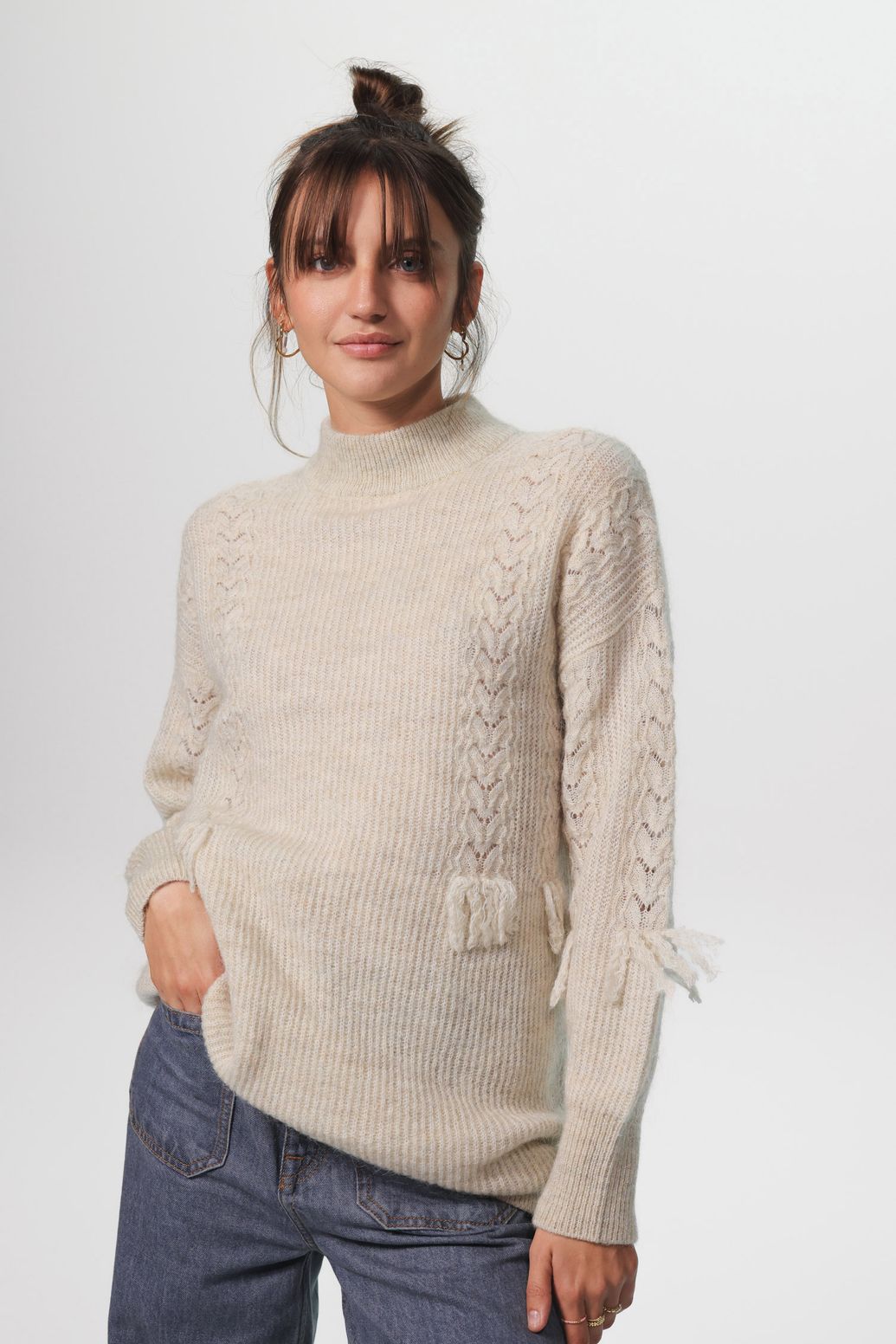Strick-Tunika mit Fransen - beige
