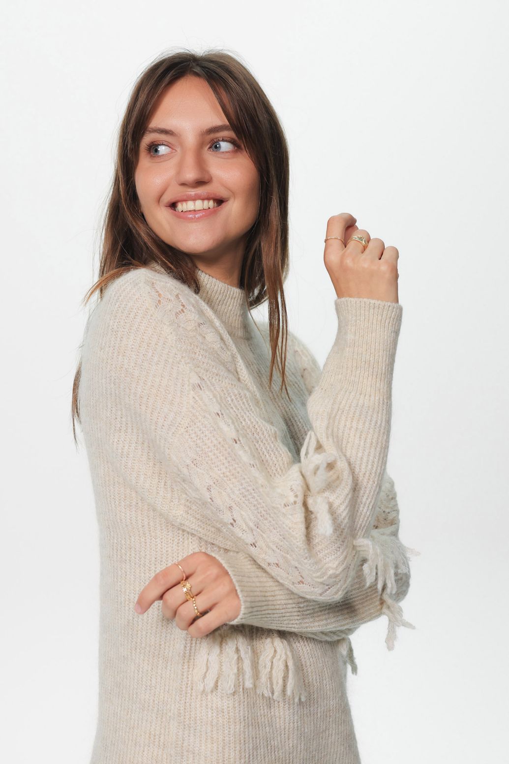 Strick-Tunika mit Fransen - beige