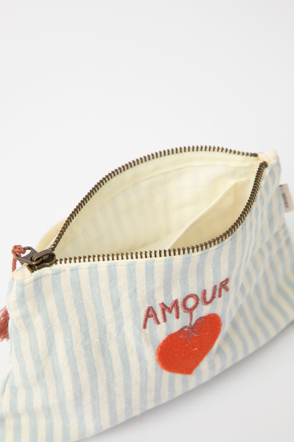 Trousse de toilette rayée amour - bleu clair