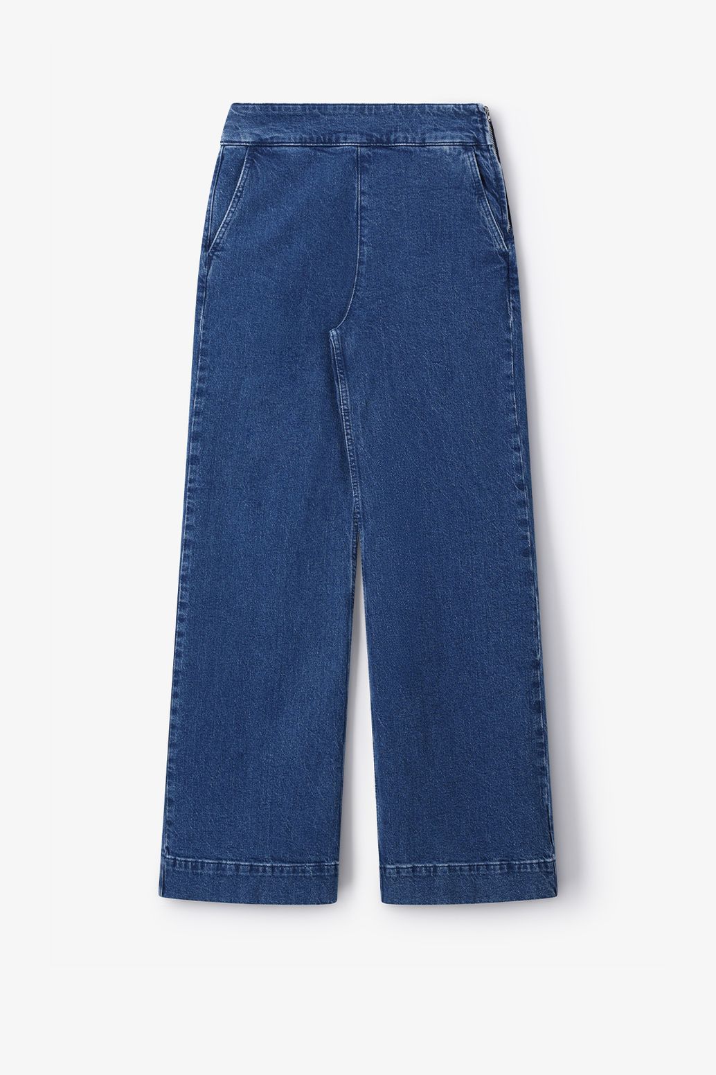 Donkerblauwe high waist wide leg jeans met rits