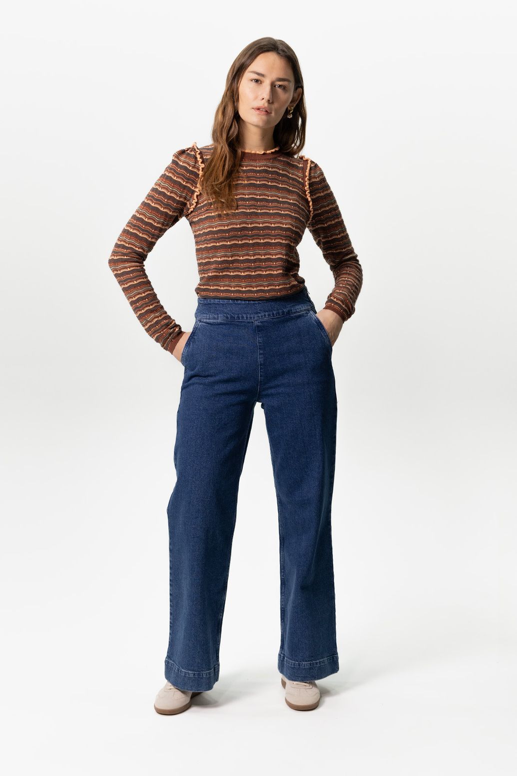 Donkerblauwe high waist wide leg jeans met rits