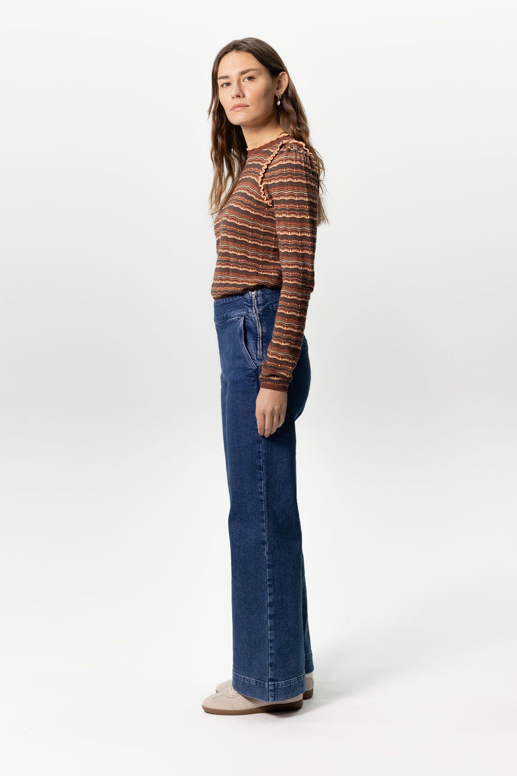 Donkerblauwe high waist wide leg jeans met rits