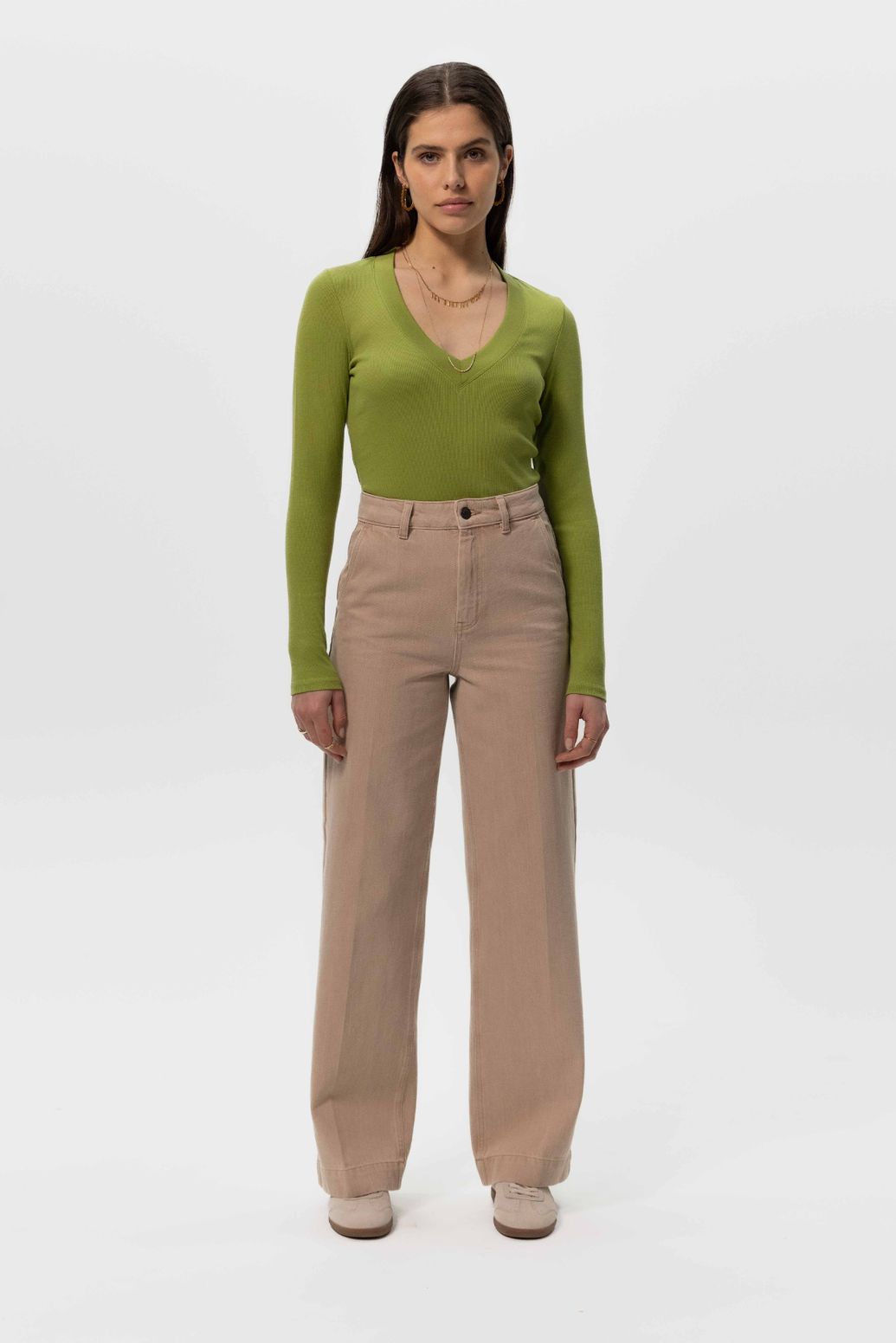 Pantalon denim jambes larges - beige