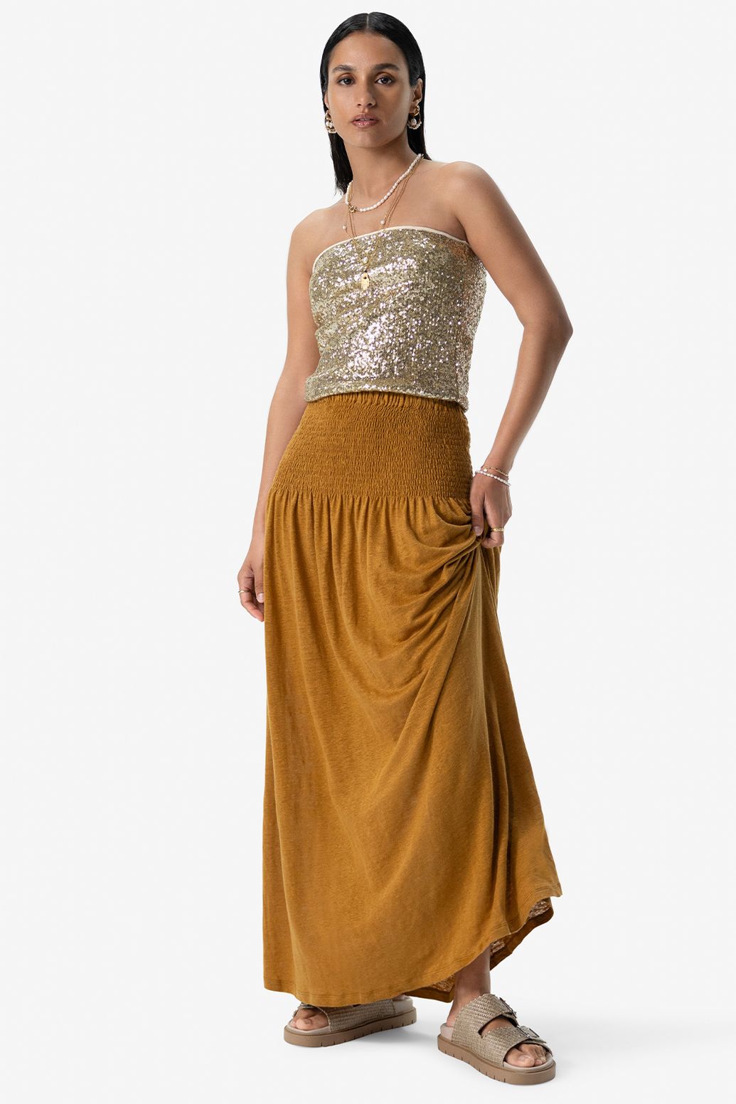 Goudbruine maxi rok met smock details