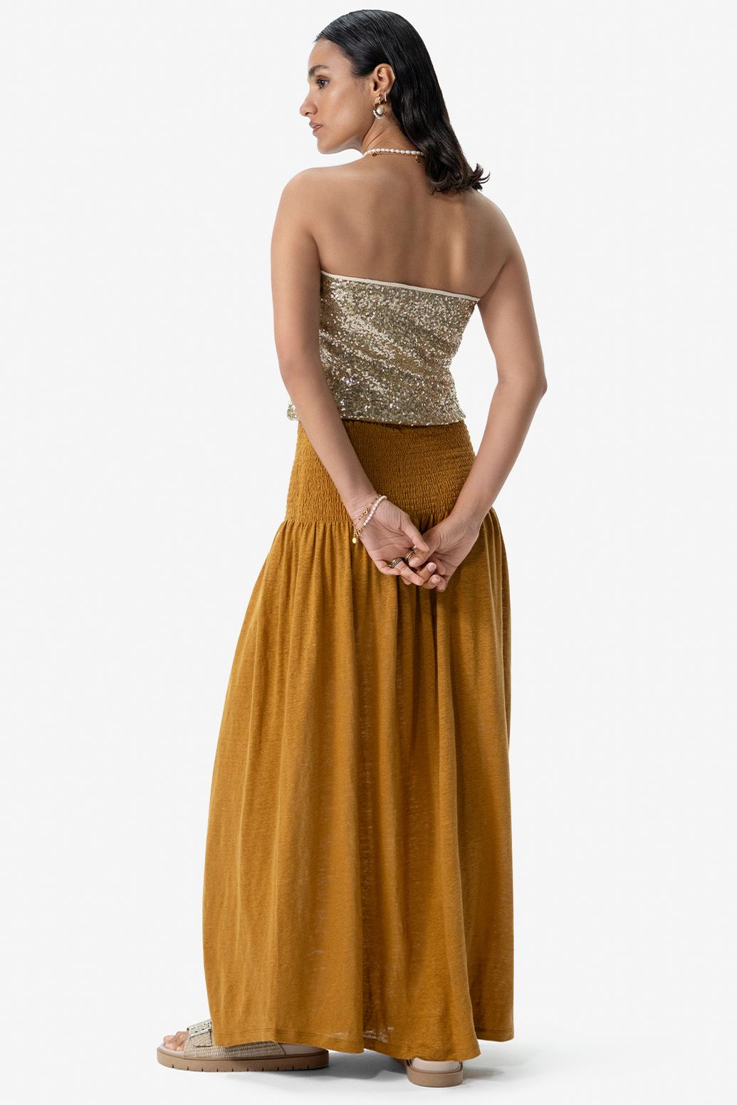 Goudbruine maxi rok met smock details