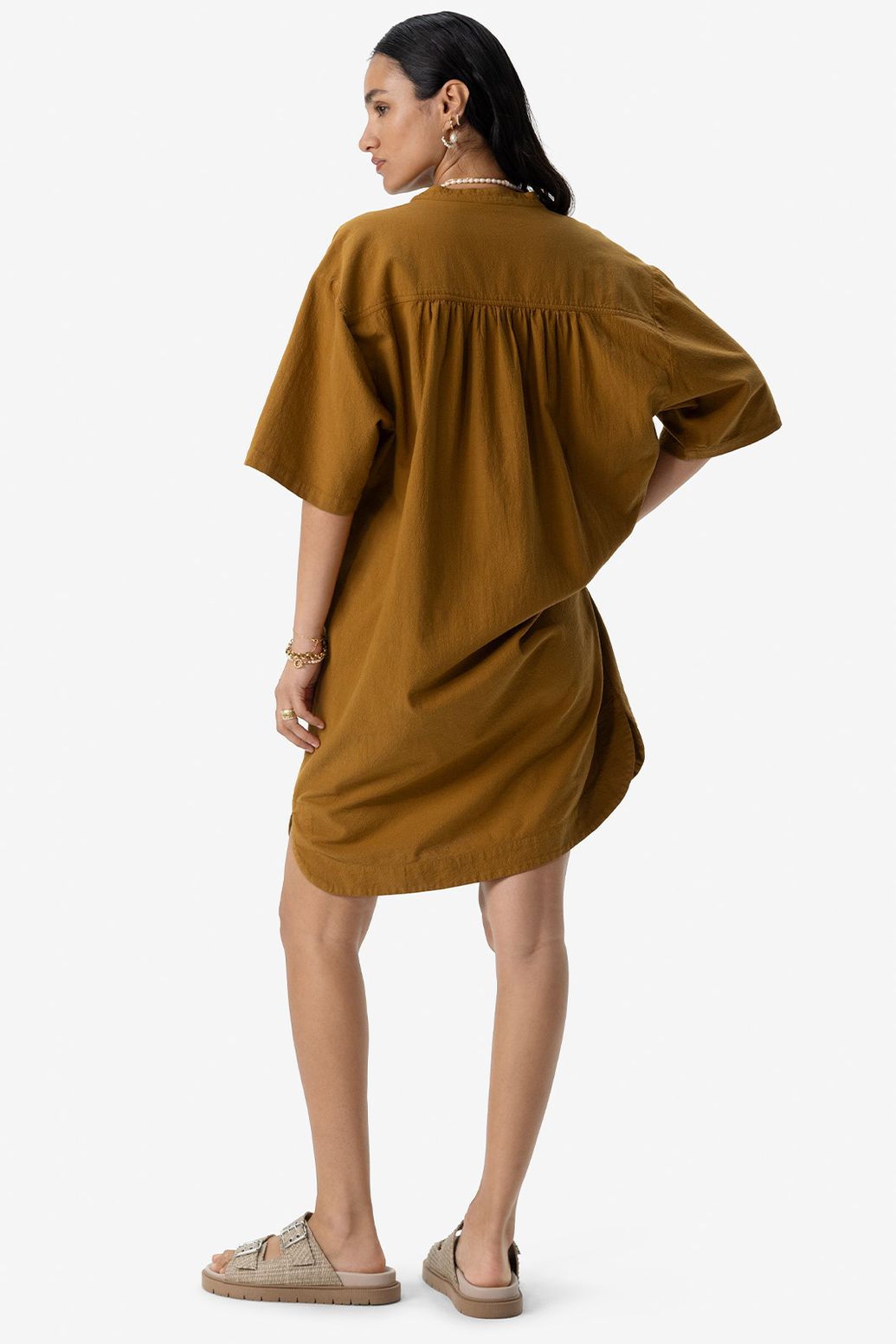 Goudbruine midi jurk