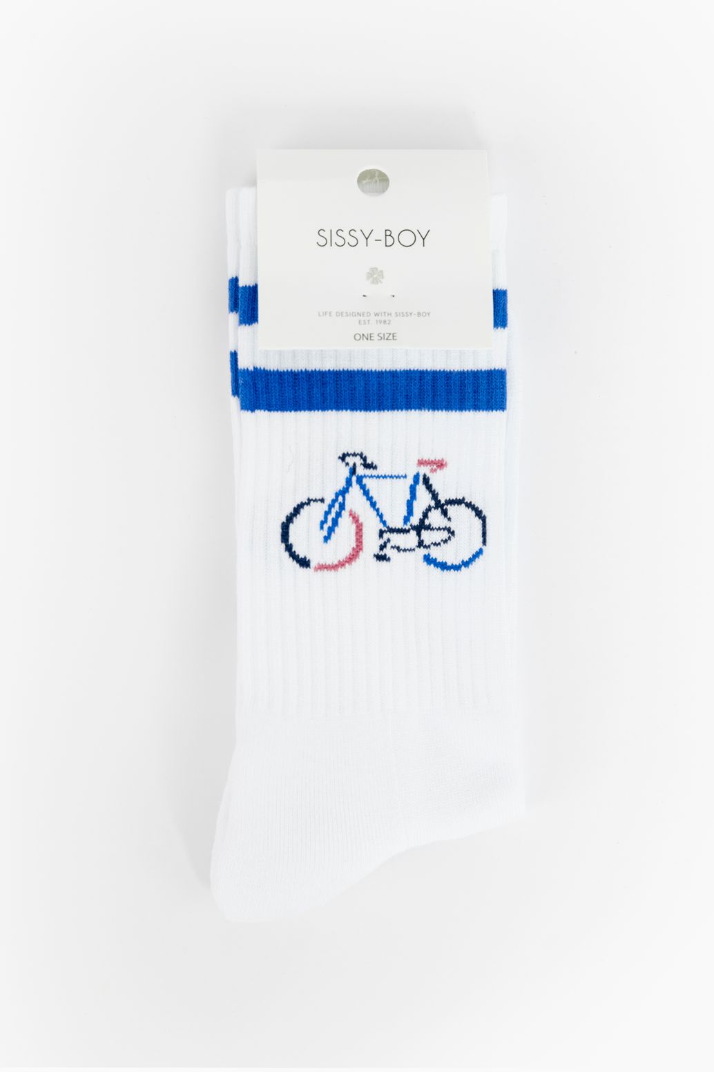Sportsocken mit blauen Streifen und Fahrrad-Print - weiß