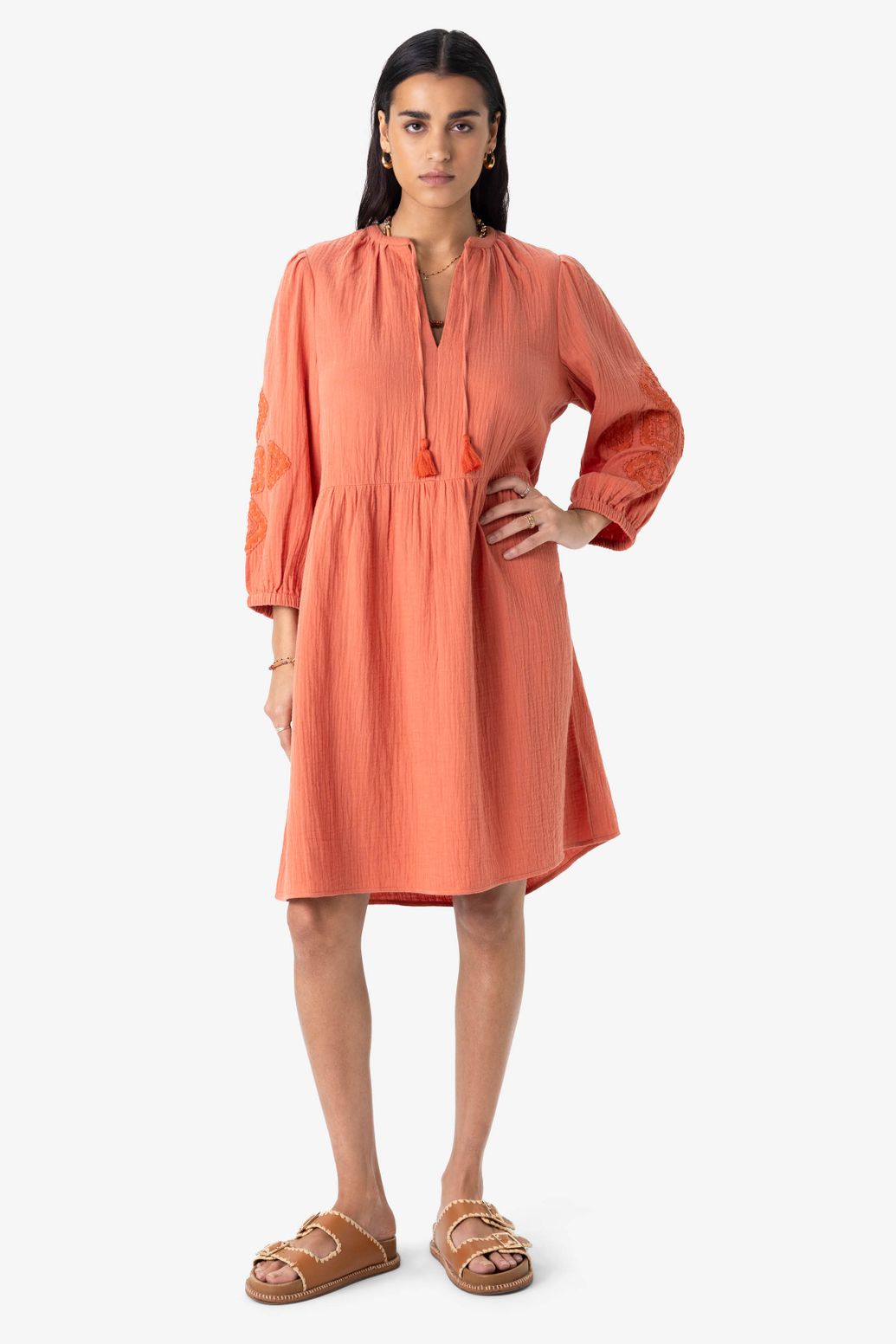 Musselin-Kleid mit Stickerei - orange