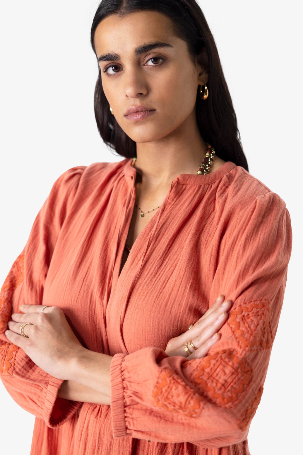 Musselin-Kleid mit Stickerei - orange