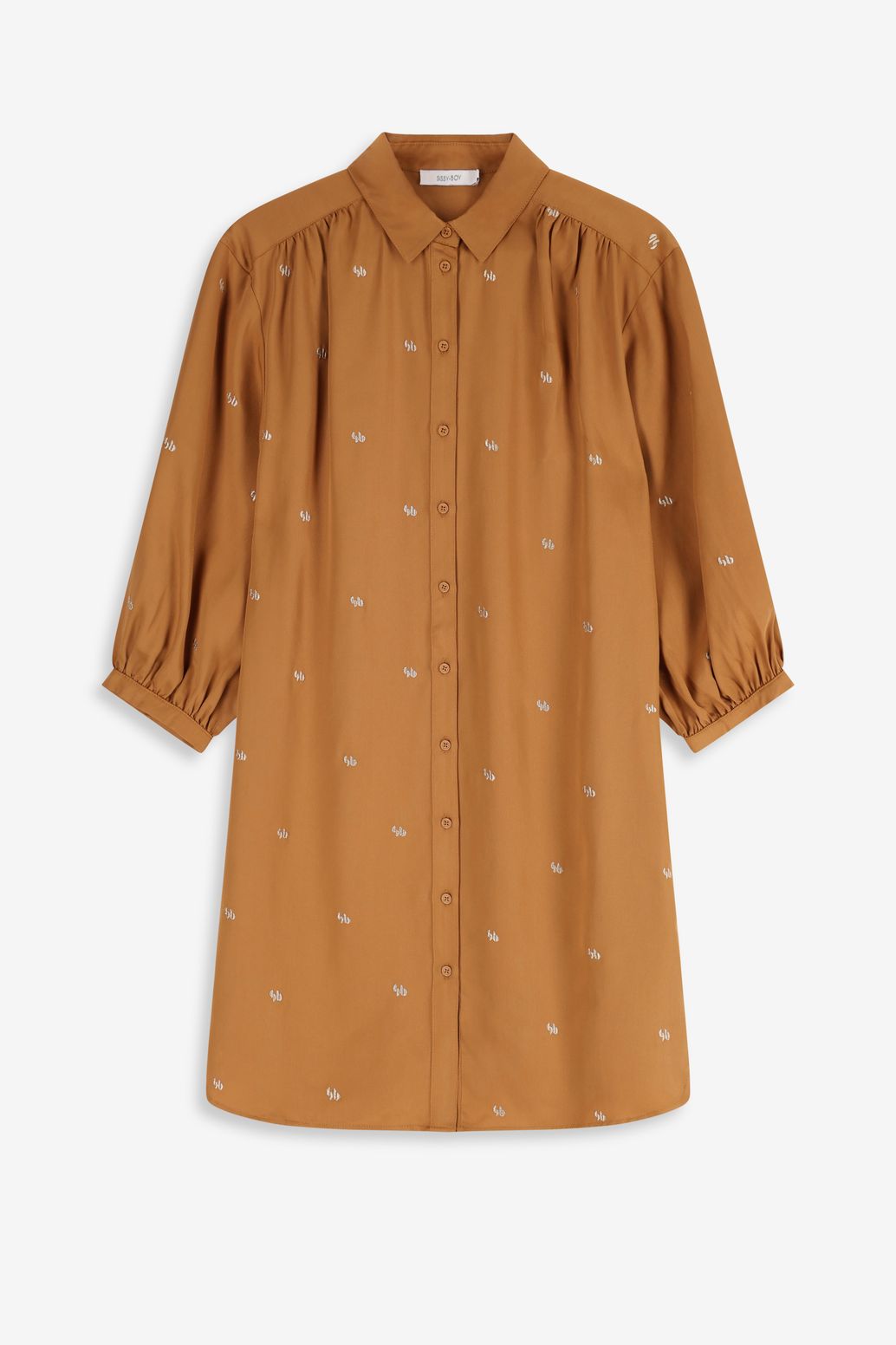 Bruine jurk met pofmouwen en embroidery