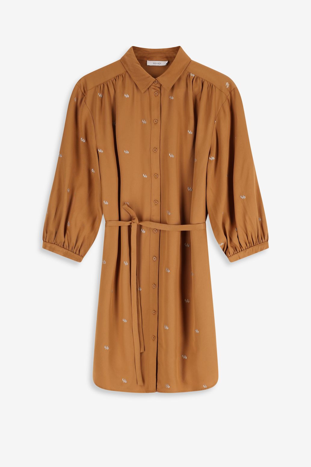 Bruine jurk met pofmouwen en embroidery