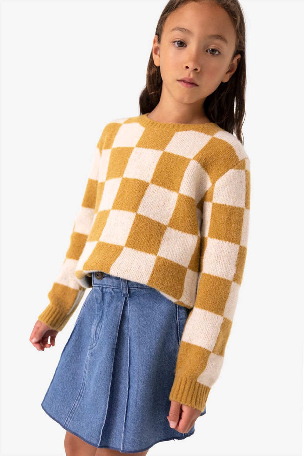 Bruin gebreide jacquard trui met geblokt patroon