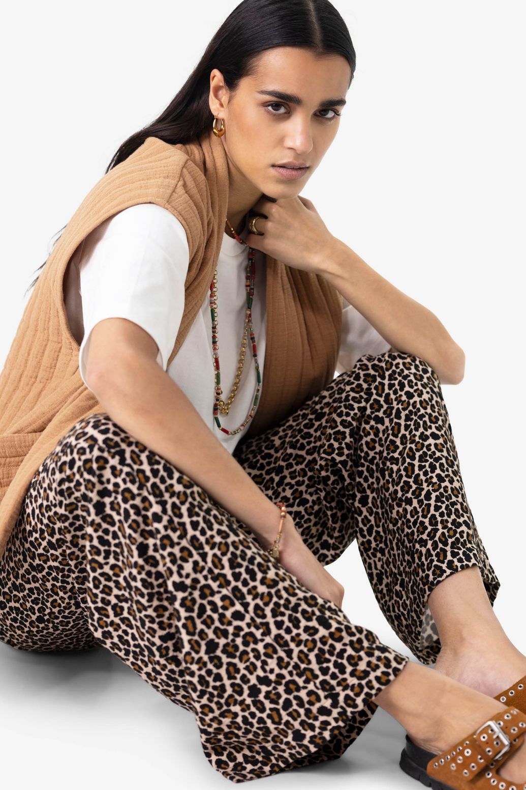 Bruine high waist wide leg broek met leopard print