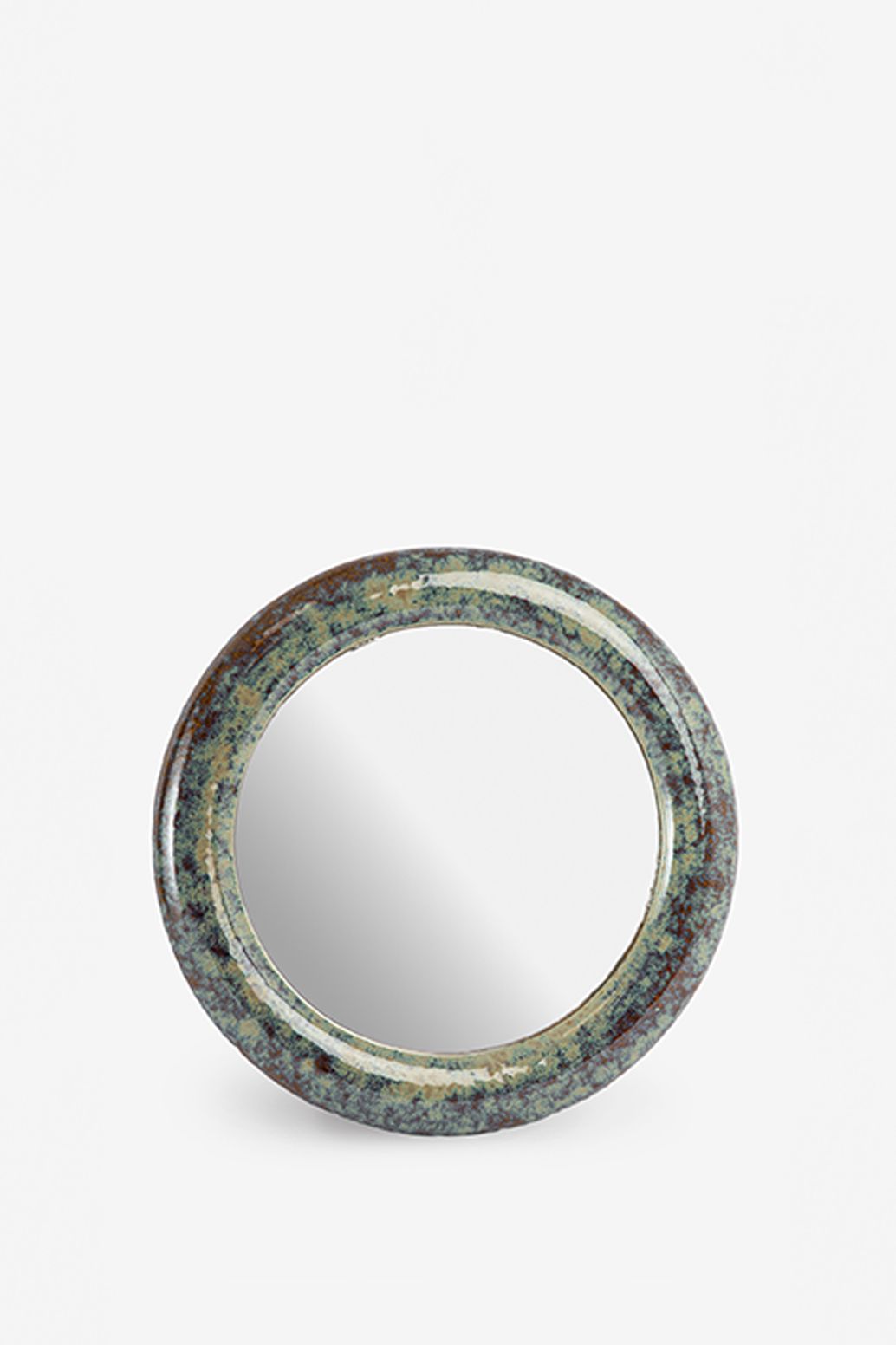 Grijsgroene ronde hangspiegel met keramische omlijsting