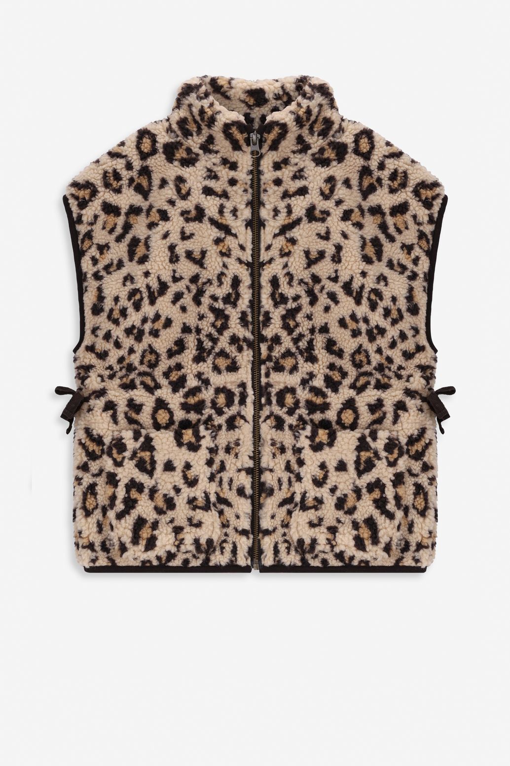 Gilet sans manches duveteux avec imprimé léopard - marron clair
