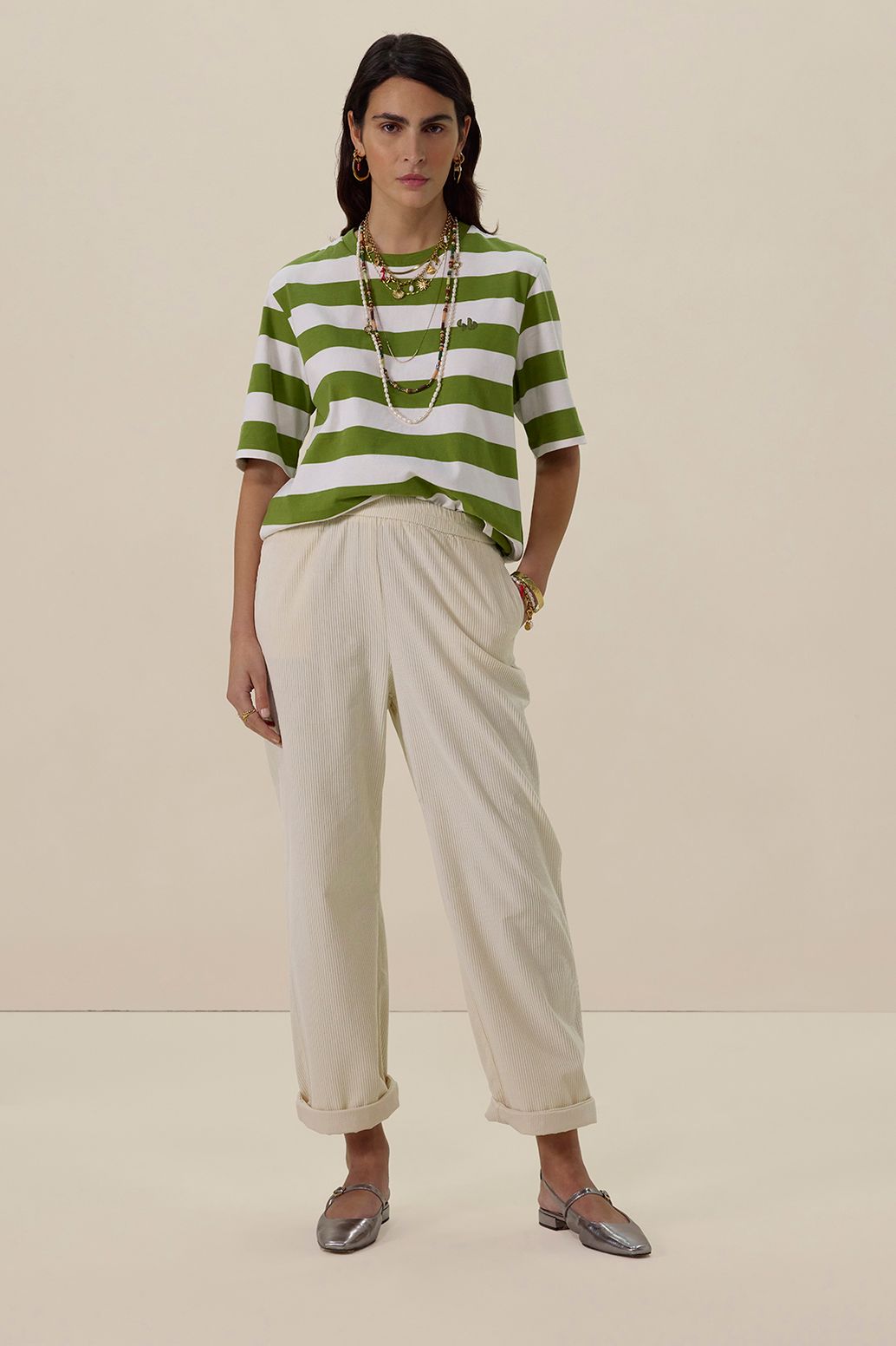 Pantalon jambes larges en velours côtelé - blanc