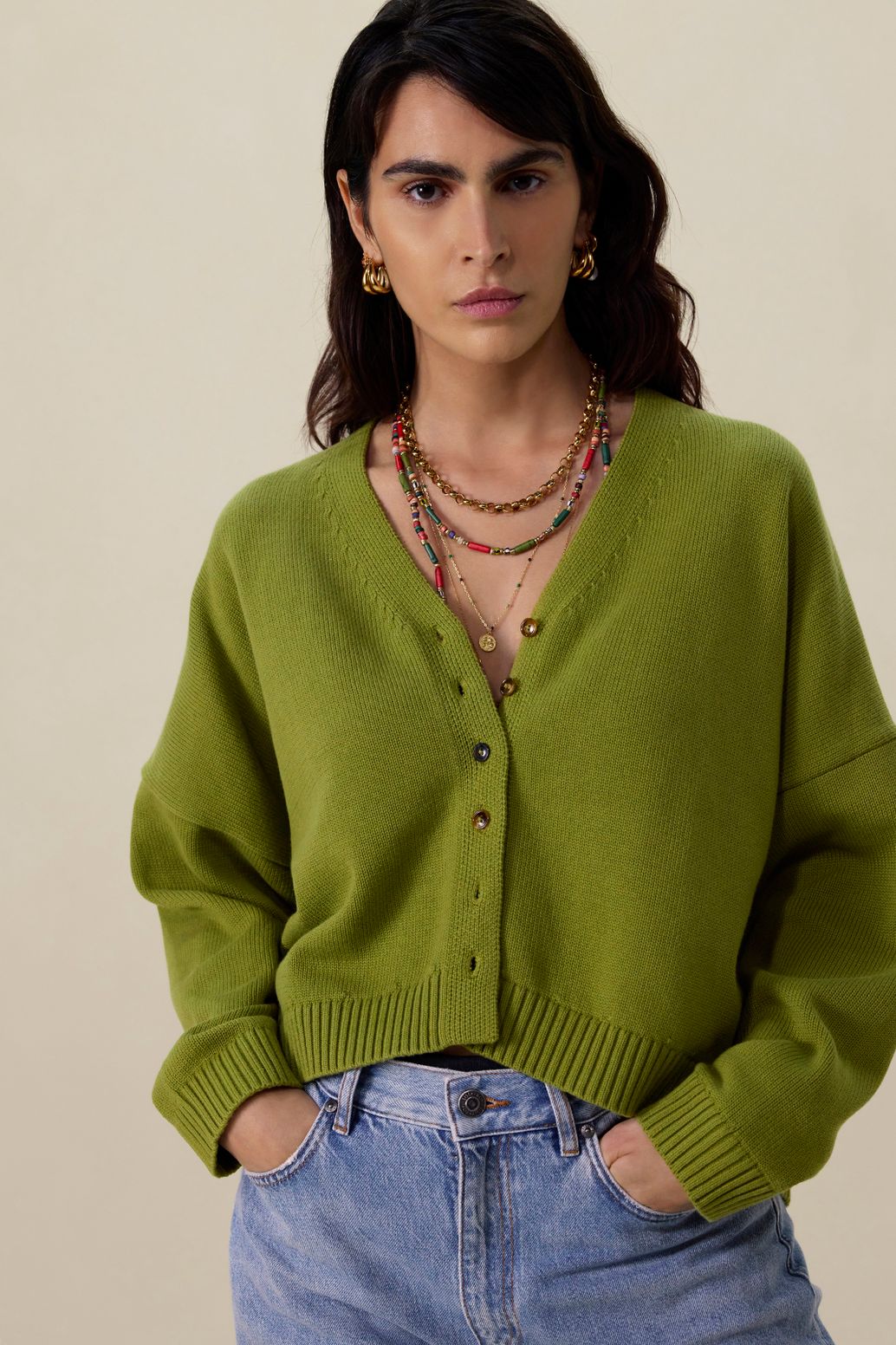 Strickjacke mit V-Ausschnitt - grün