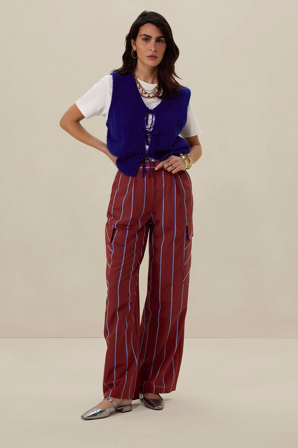 Bruine gestreepte high waist wide leg broek