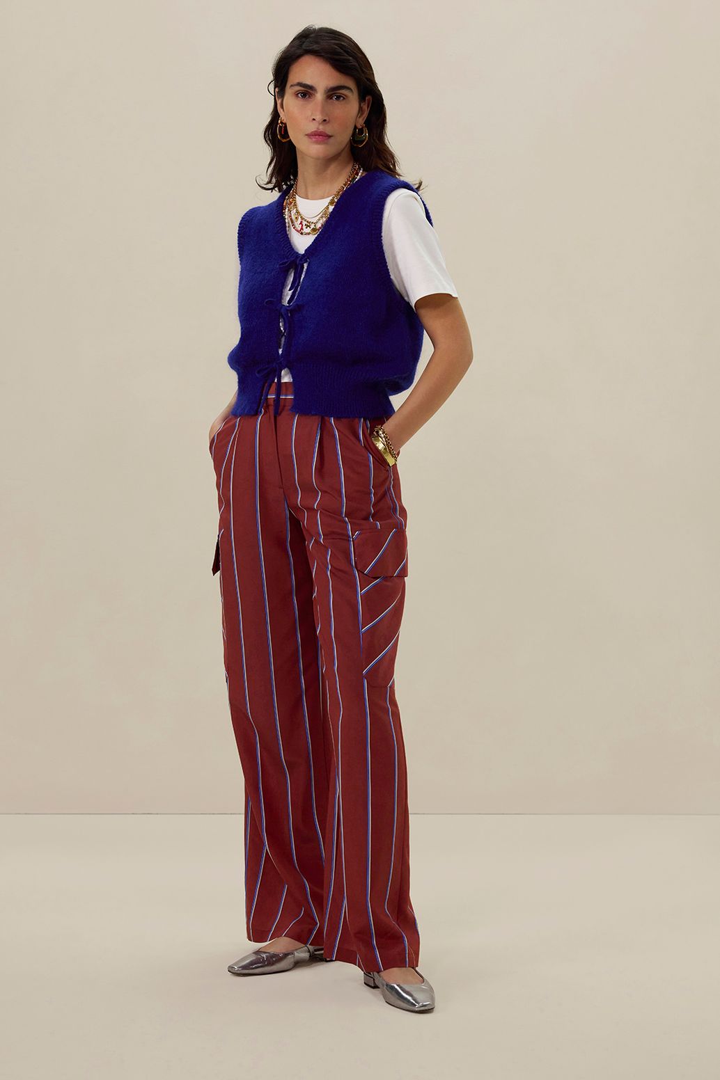 Bruine gestreepte high waist wide leg broek