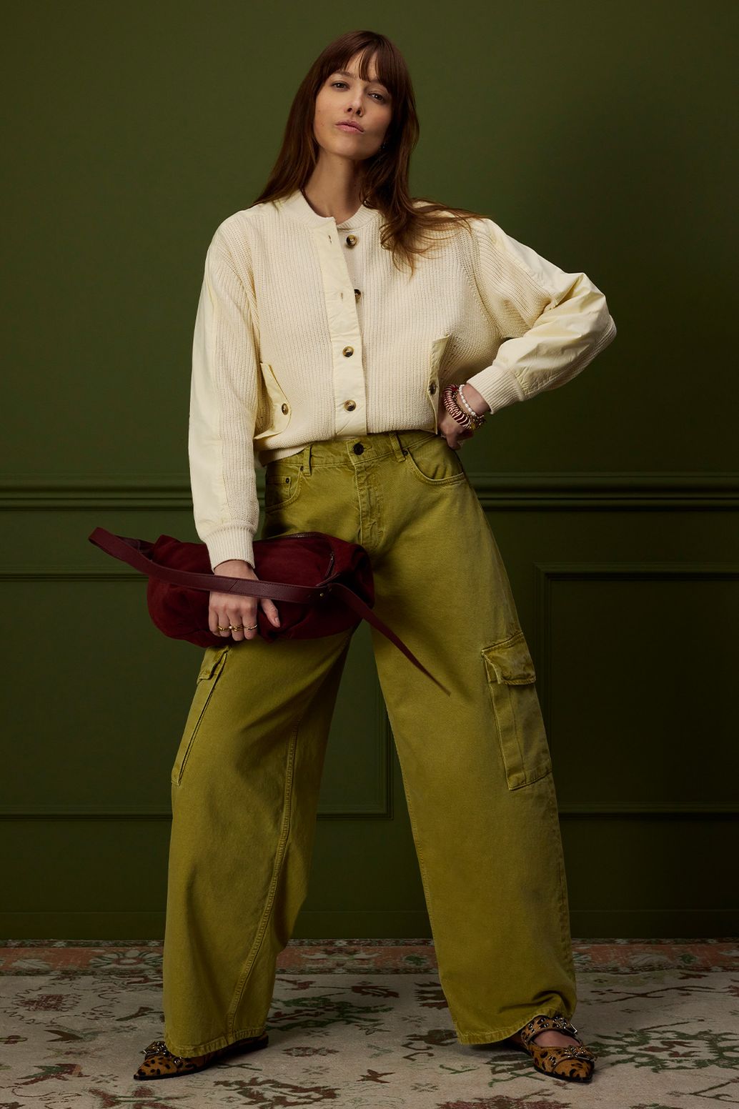 Donkergele high waist cargo broek