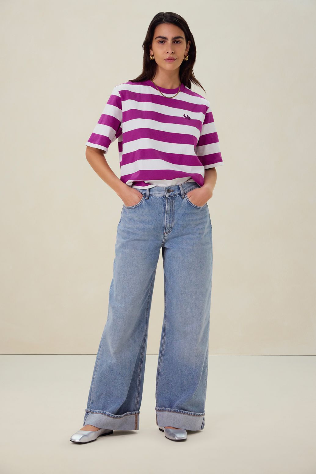 Paars met wit gestreept t-shirt