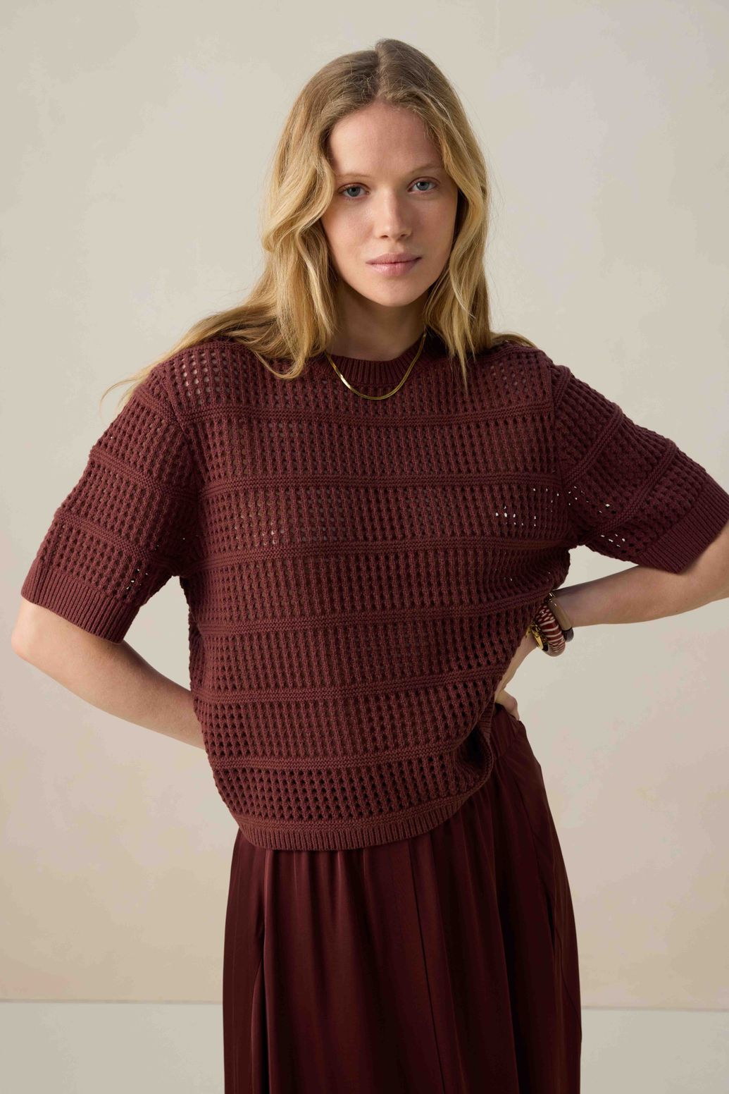 Strickpullover mit kurzem Arm - dunkelrot