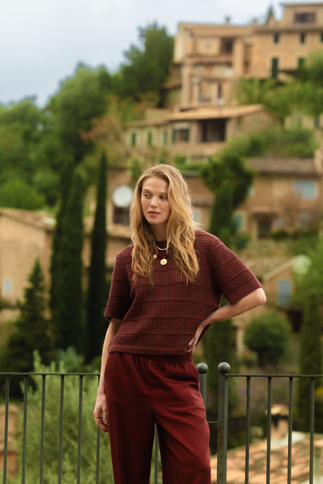 Strickpullover mit kurzem Arm - dunkelrot