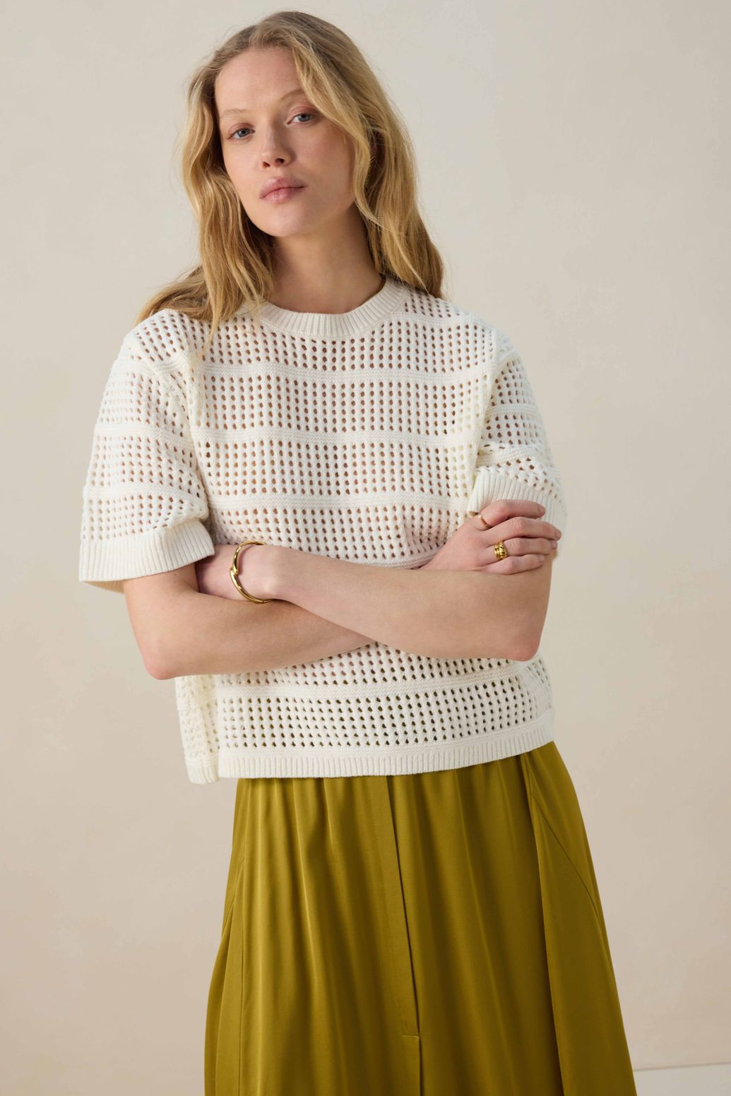 Strickpullover mit kurzem Arm - weiß