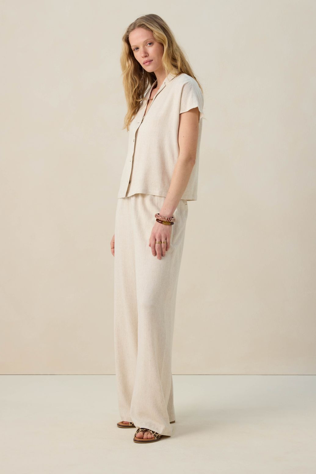Pantalon taille haute jambes larges en lin - beige