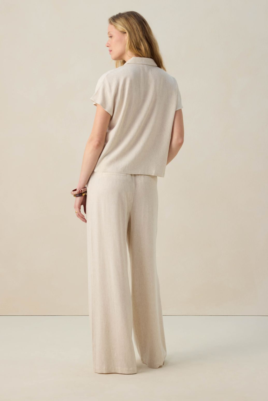 Pantalon taille haute jambes larges en lin - beige