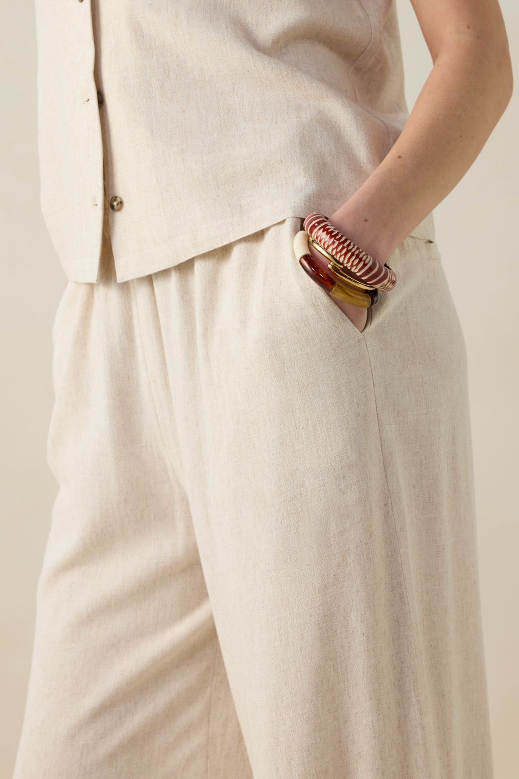 Pantalon taille haute jambes larges en lin - beige