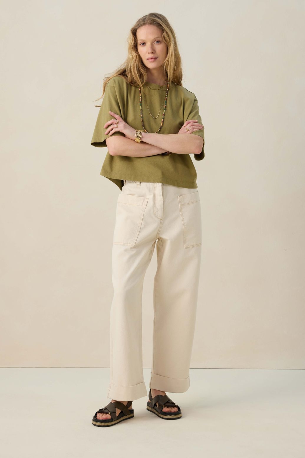 Pantalon workwear taille mi-haute - beige