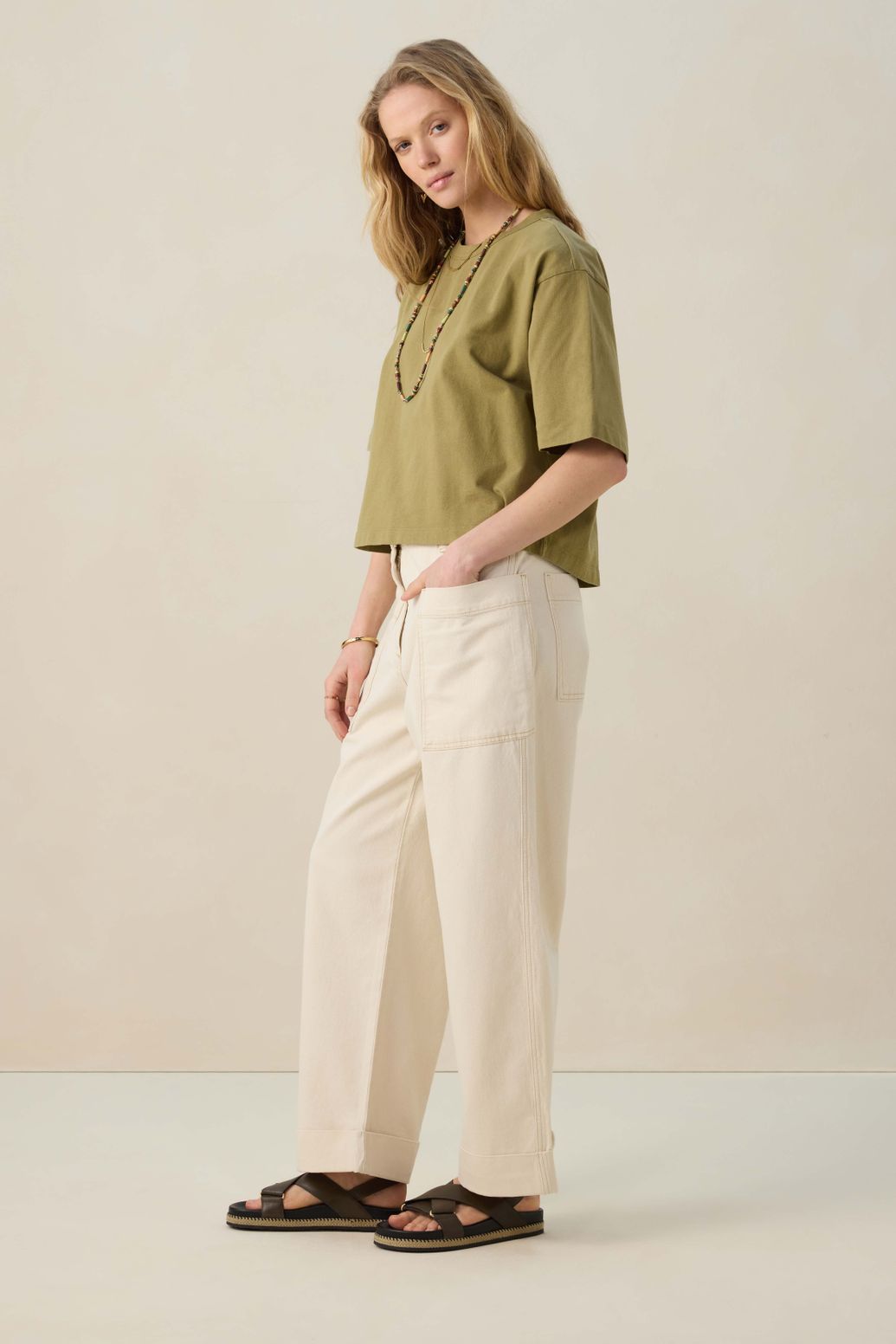 Beige mid waist workwear jeans