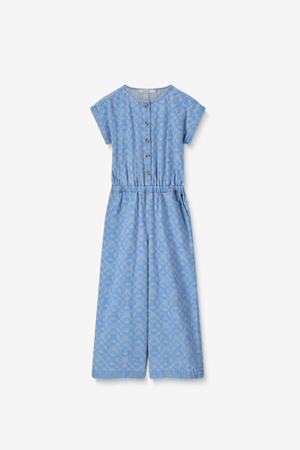 Blauwe denim jumpsuit met print