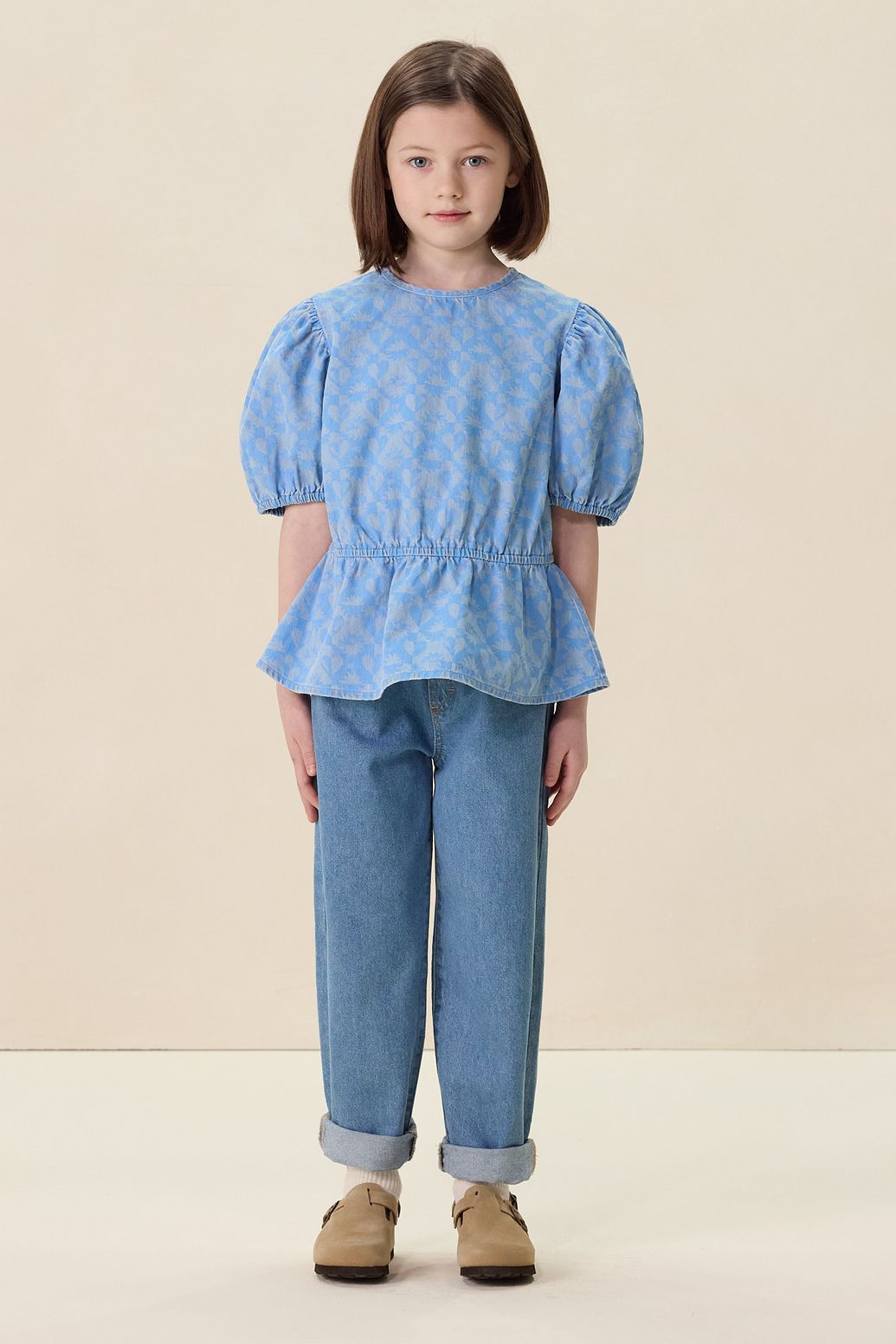 Lichtblauwe denim top met print