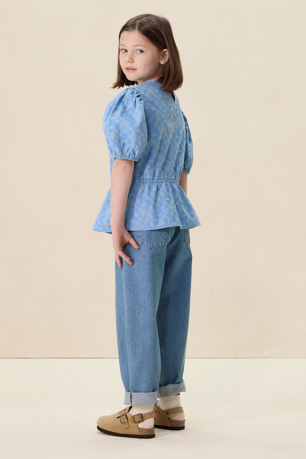 Lichtblauwe denim top met print