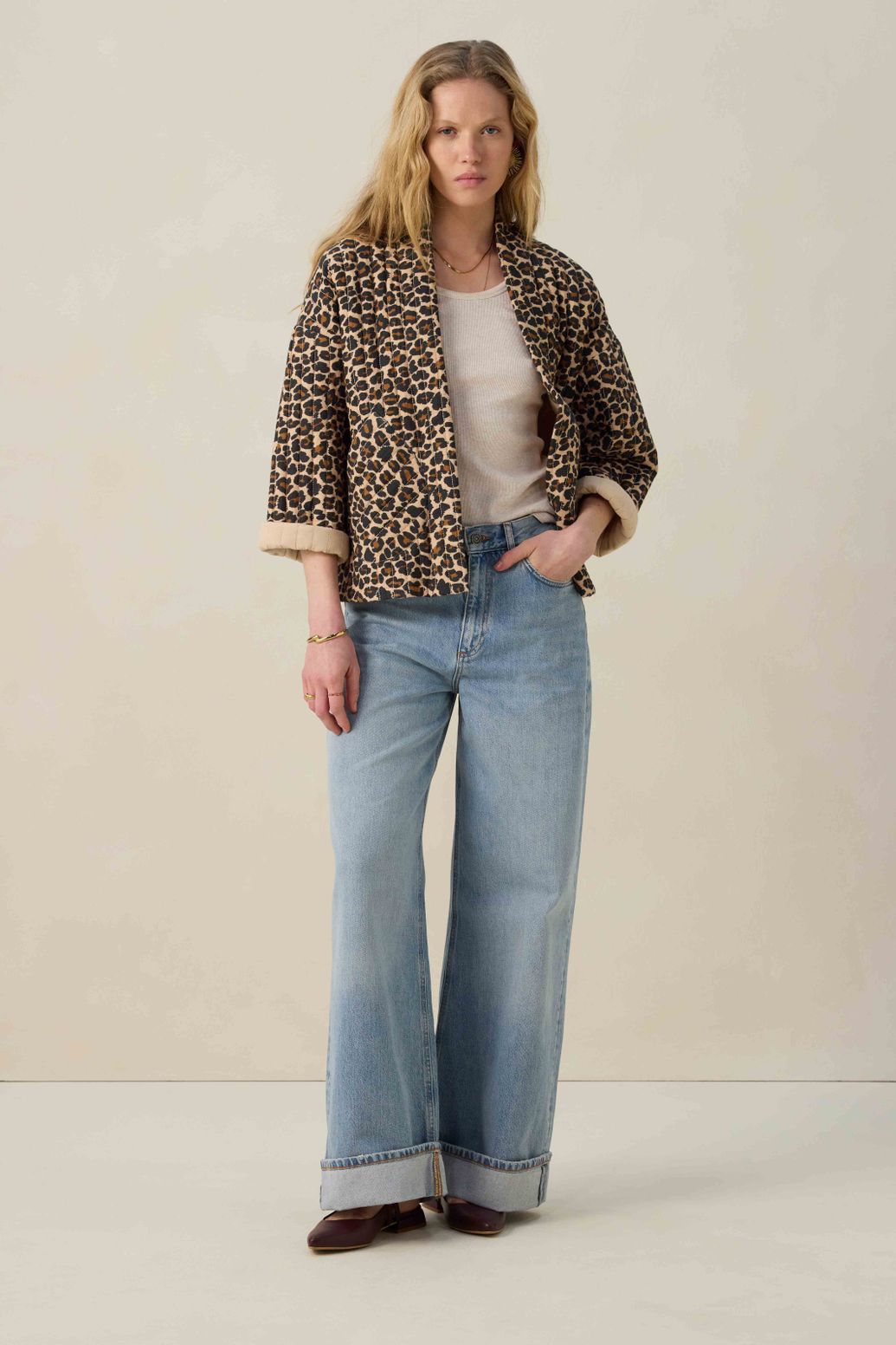 Bruine padded jack met leopard print