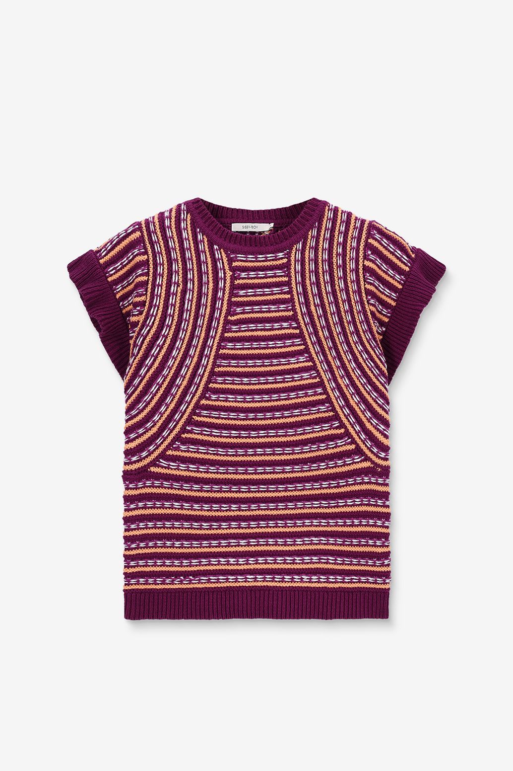 Gestreifter Strickpullover mit kurzem Arm - lila