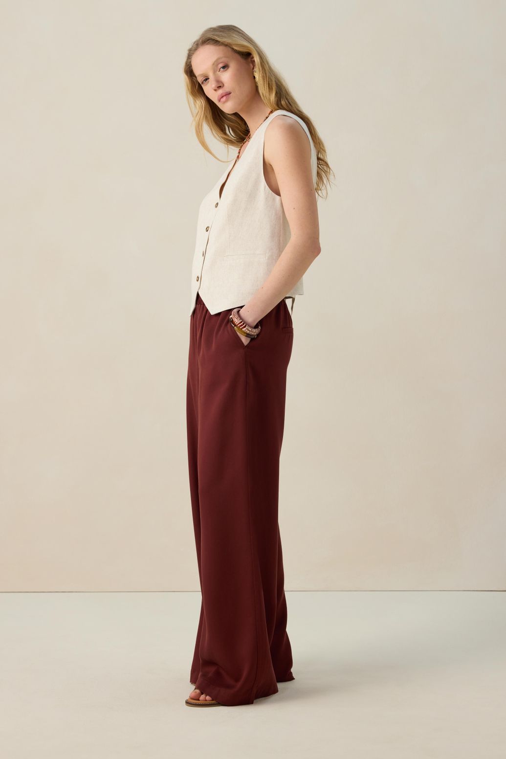 Pantalon taille haute jambes larges - rouge foncé