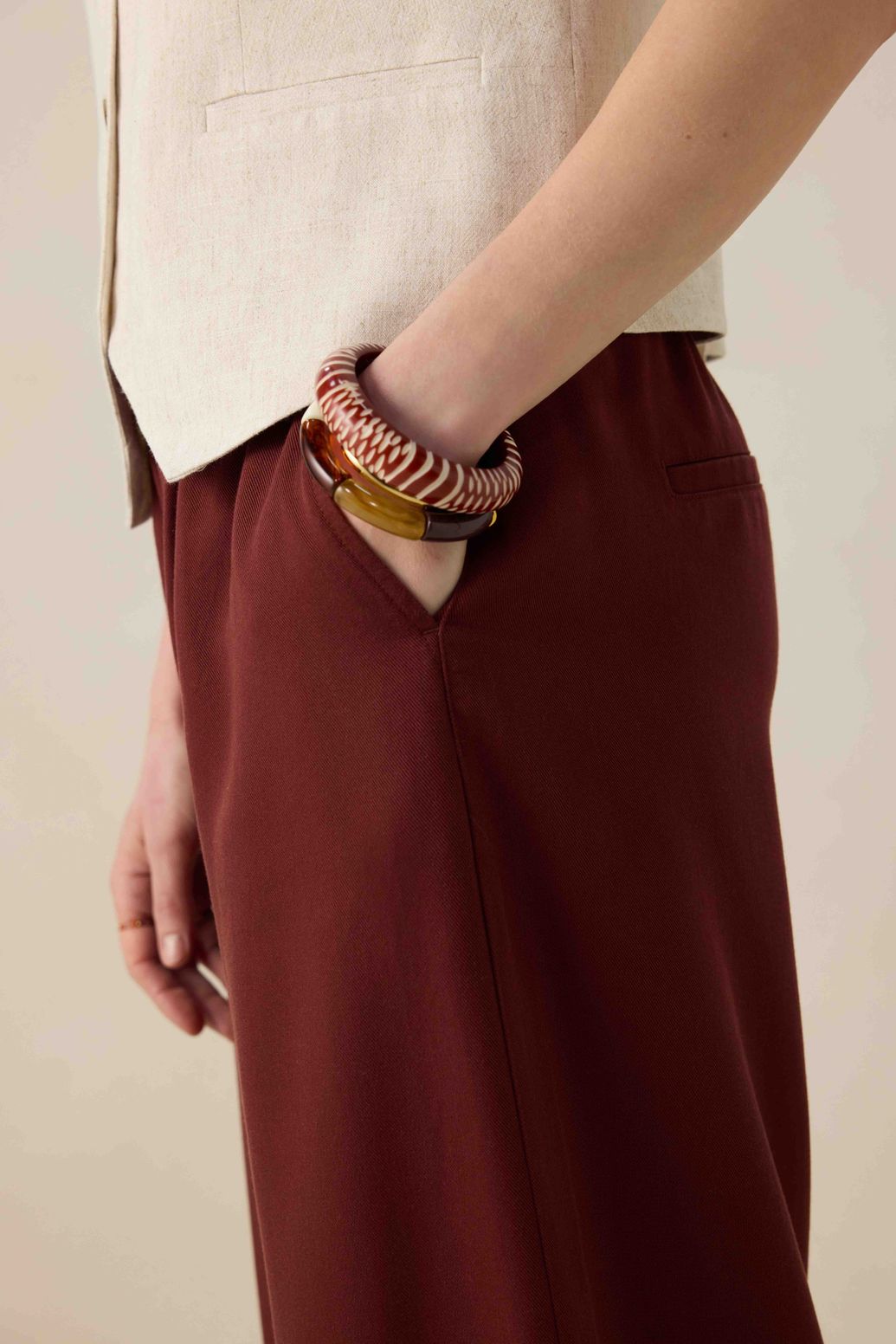 Pantalon taille haute jambes larges - rouge foncé