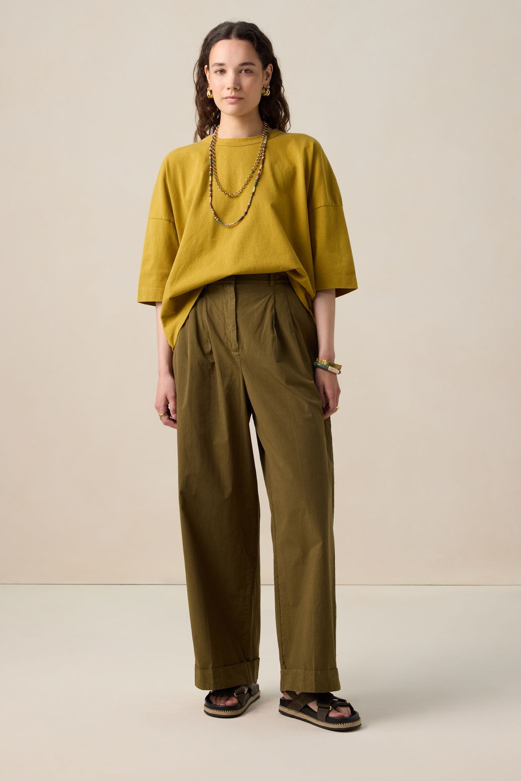 Donkergroene mid waist poplin broek