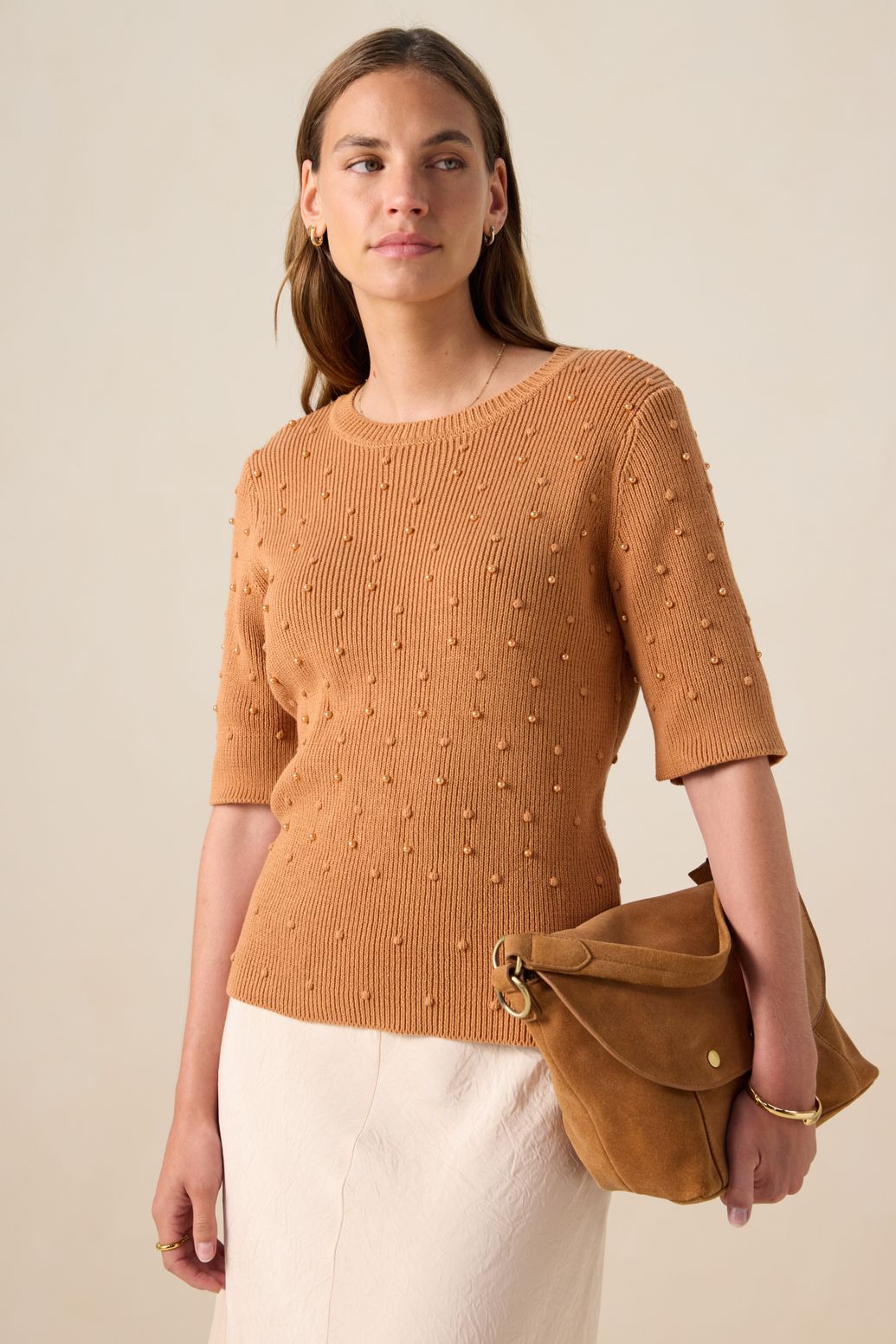 Pull avec perles - marron clair