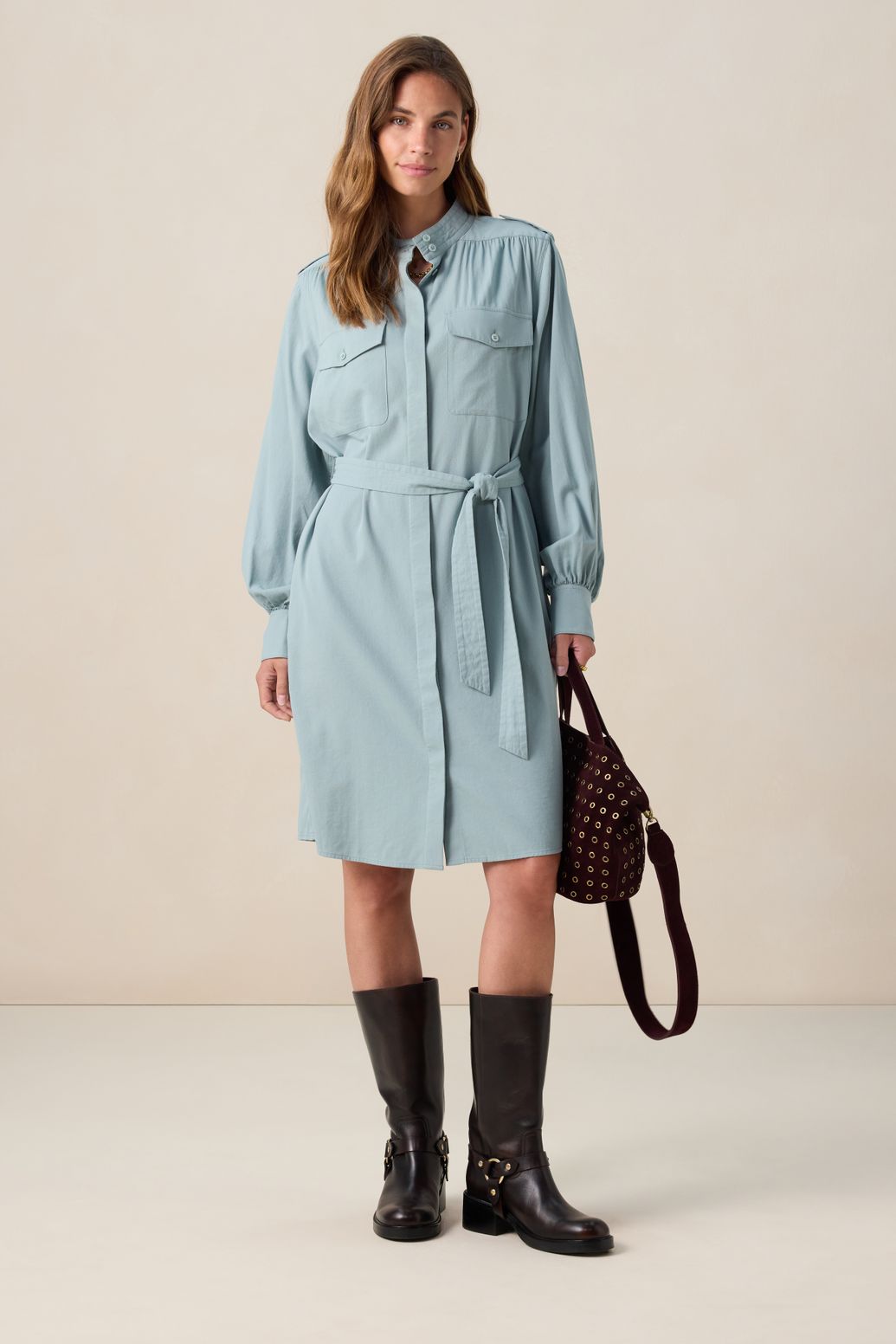 Blauwe midi jurk met ceintuur