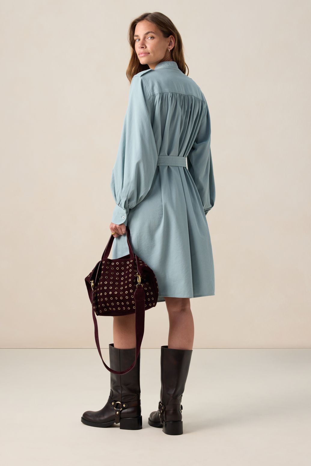 Blauwe midi jurk met ceintuur