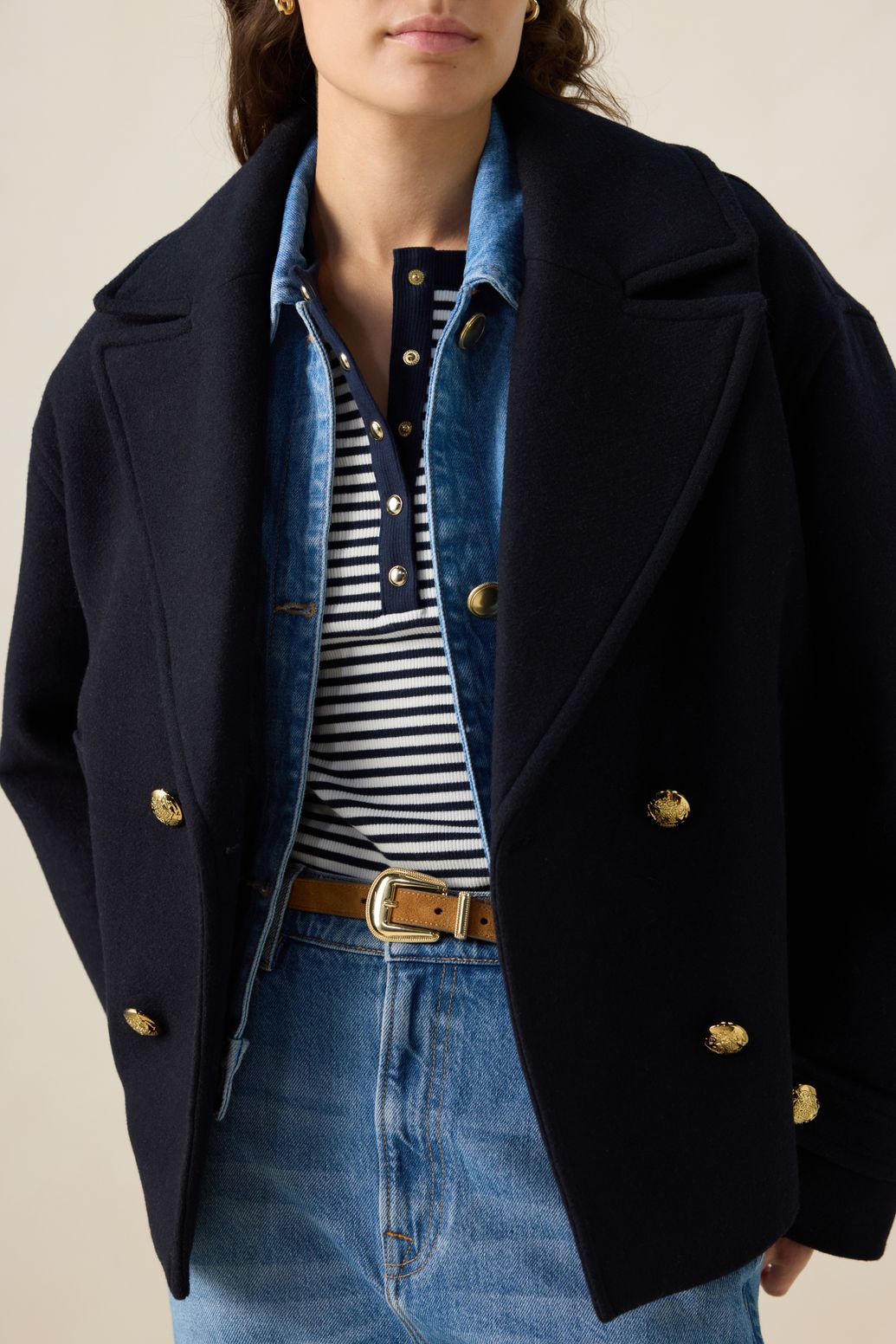 Donkerblauwe wollen peacoat jas