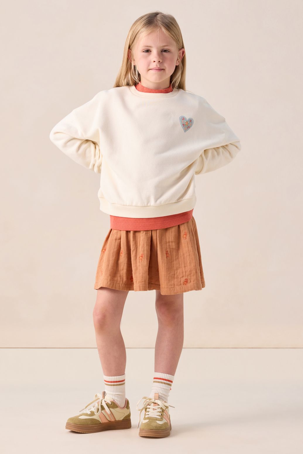 Lichtbruine rok met flamingo embroidery